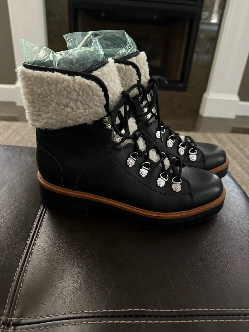 Marc Fisher Black Leather Shearling-Trim Lace-Up Ankle Boot